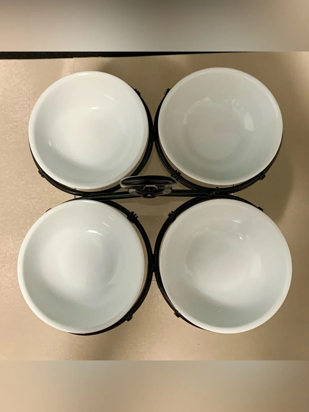 🔍 Pier 1 Imports Porcelain (4) Bowl Appetizer Serving Set w/ Metal Caddy